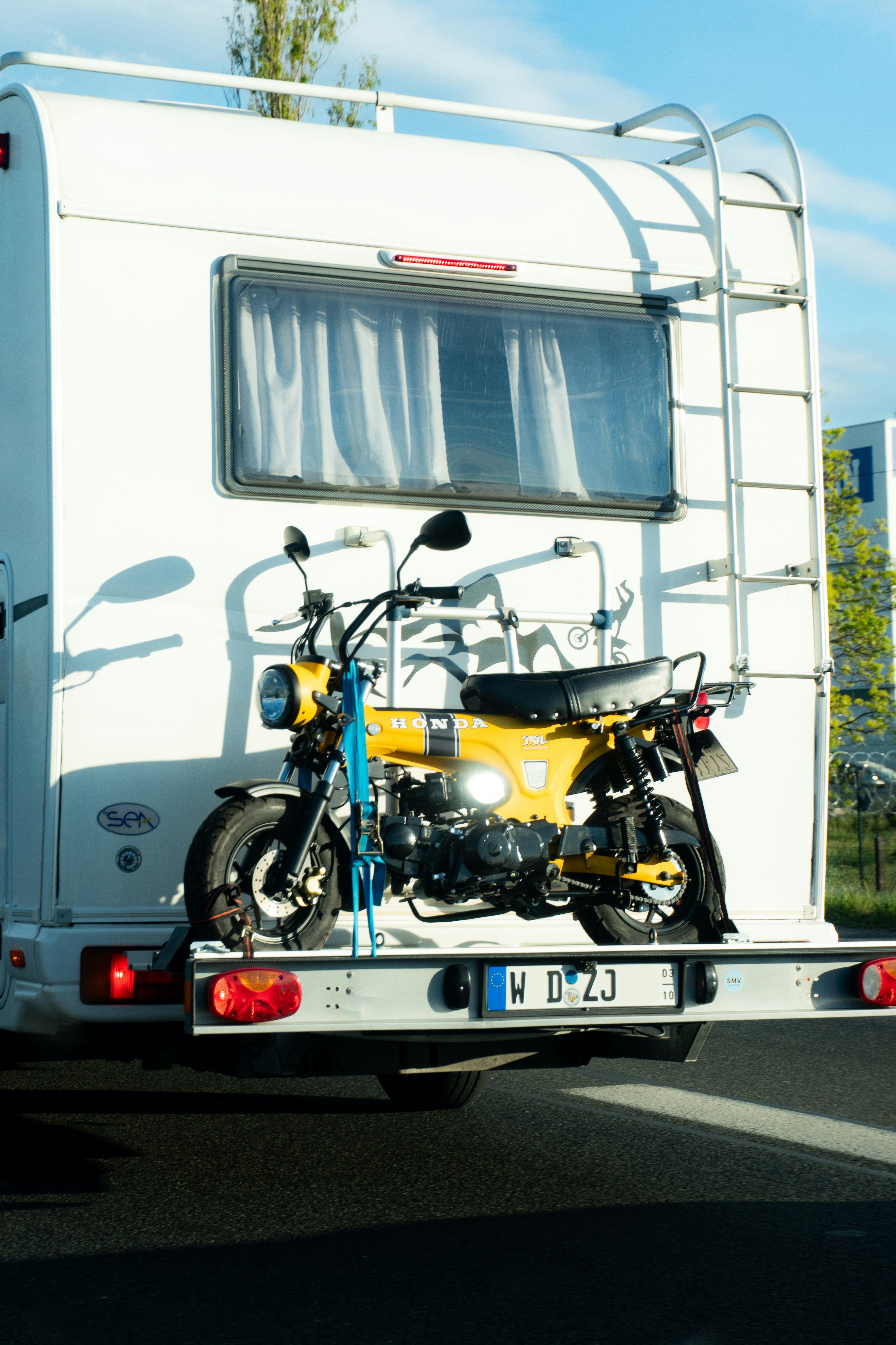Motorhome packed and loaded with a bike